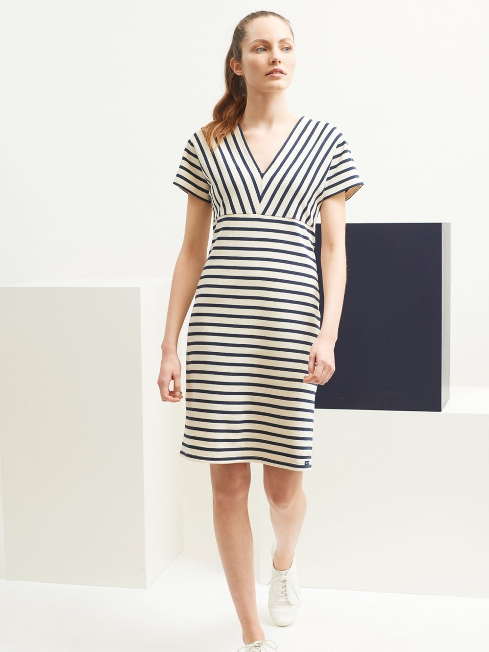 Saint James Navy and Cream Striped V-Neck Menerbes RB Knit Dress
